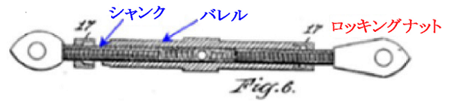 無効証拠とはまったく異なる先行発明4の図である。左から順に、シャンク、バレル、ロッキングナットがある。