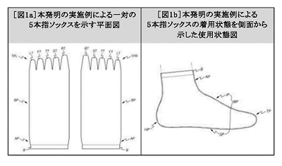 図１aは、本発明の実施例による一対の５本指ソックスを示す平面図である。図１bは、本発明の実施例による５本指ソックスの着用状態を側面から示した使用状態図