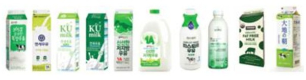 牛乳製品に白色と緑色が使用された多数事例 この図は、市販されている多数の牛乳製品の包装を示した写真です。包装に白色と緑色が使用されています。