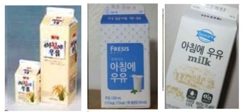 この図は、市販されている3つの牛乳製品の包装を示した写真です。各包装の前面には「朝に牛乳」と商標表示がされています。