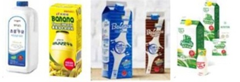 牛乳製品に赤色の円形形状が使用された多数事例 この図は、市販されている多数の牛乳製品の包装を示した写真です。包装に赤色の円形形状が使用されています。