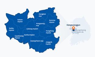 この図は、韓国の地図において、ホンソン郡クァンチョンの場所を示しています。