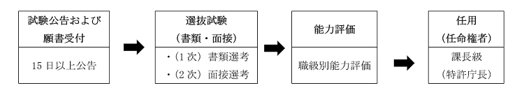 試験公告および願書受付は15日以上公告、書類と面接の選抜試験については1次が書類選考、2次が面接選考、能力評価は職級別能力評価で行われ、任用は課長級、任命権者は特許庁長である