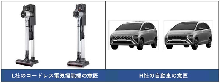 L社のコードレス電気掃除機の意匠とH社の自動車の意匠