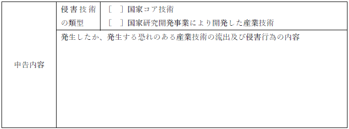 侵害技術の類型を選択（国家コア技術か、国家研究開発事業により開発した産業技術）、発生したか、発生する恐れのある産業技術の流出及び侵害行為の内容