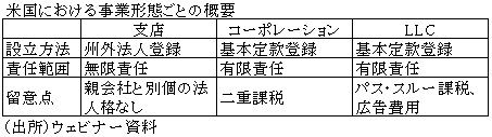 表　米国における事業形態ごとの概要