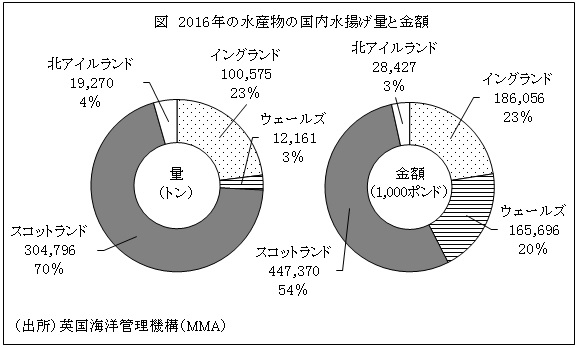 図　2016年の水産物の国内水揚げ量と金額　（出所）英国海洋管理機構（MMA）