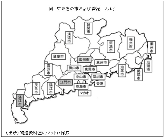 図　広東省の市および香港、マカオ