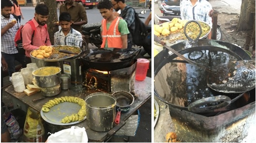 写真　インドでよく見られる揚げ物の露店（左）、繰り返し使用されて汚れた油（右）（ジェトロ撮影）