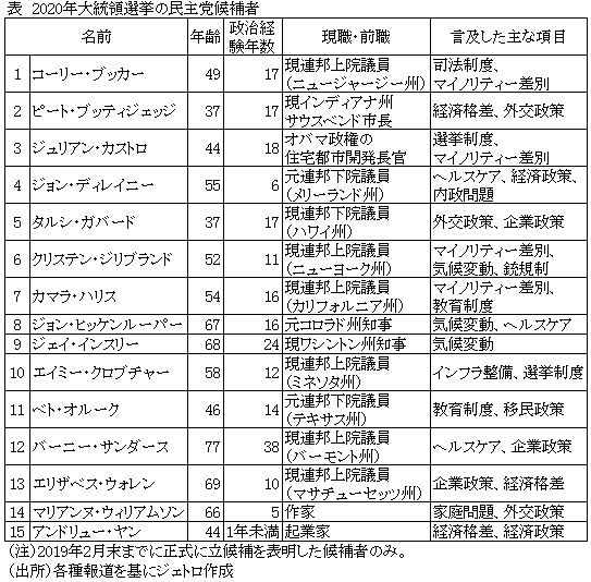 表　2020年大統領選挙の民主党候補者