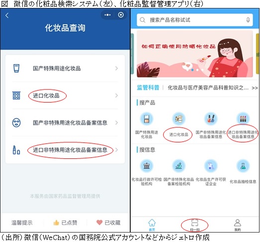 図　微信の化粧品検索システム（左）、化粧品監督管理アプリ（右）
