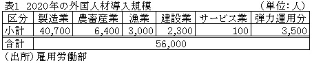 表1　2020年の外国人材導入規模