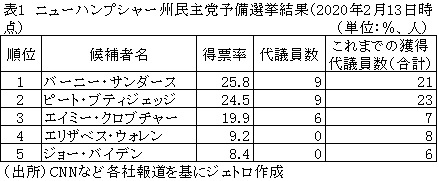 表1　ニューハンプシャー州民主党予備選挙結果（2020年2月13日時点）