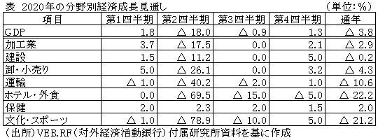 表　2020年の分野別経済成長見通し