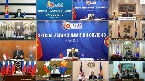 写真　テレビ会議で実施されたASEAN特別首脳会合の様子（ASEAN事務局提供）