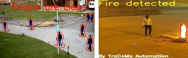 写真　高解析度スマートカメラを用いたソーシャルディスタンス（左）／火災発生（右）の検知が可能（トラコモ・オートメーション・アンド・カメラシステム提供）