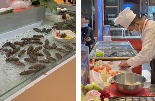 写真　中国では食材としてのナマコ人気が根強い（左）、刺身の試食を行う現地企業（右）（ジェトロ撮影）