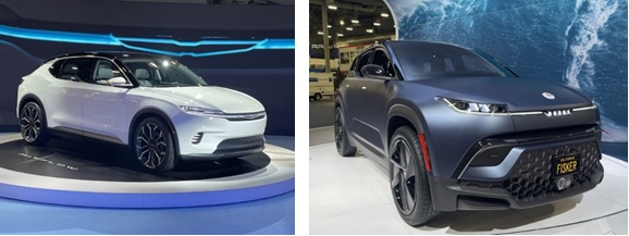 写真　ステランティスのBEVコンセプトカー「エアフロー」(写真左）、フィスカーのBEV「オーシャン」（写真右）（ともにジェトロ撮影）