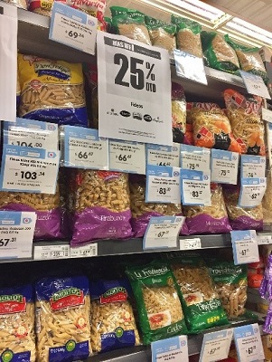 写真　ブエノスアイレス市内のスーパーで陳列商品の値札が混雑している様子。急速なインフレにより頻繁に価格が変動している（ジェトロ撮影）
