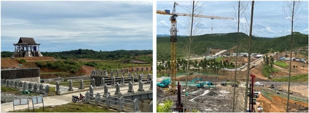 写真　（左）セパク・スモイ・ダムの様子、（右）大統領宮殿周辺の様子（ジェトロ撮影）