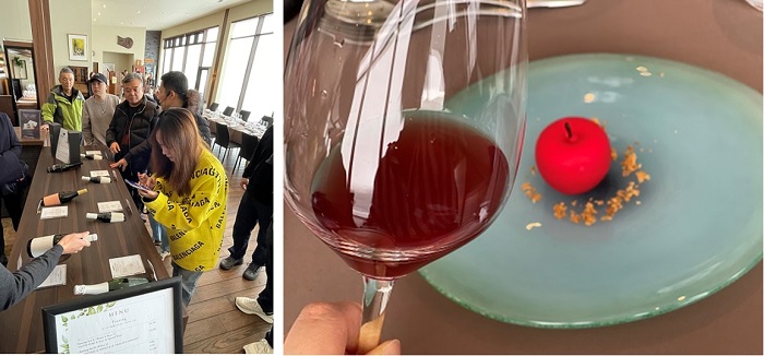 写真　（左）ワイナリーの見学、（右）ワインとのペアリング（ジェトロ撮影）