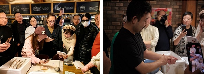 写真　（左）北海道食材の調理方法のレクチャー、（右）すしの握り方のレクチャー（ジェトロ撮影）