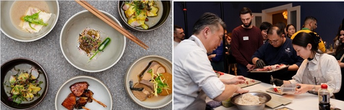 写真　振る舞われたブリ、マダイ料理と、会場の様子（リーデルPR提供）