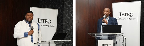 写真　開会あいさつを行う大統領府投資インフラ室のマソパ・モシュエシュエ氏（左）とダイレクターのセシル・マソカ氏（右）（ともにジェトロ撮影）