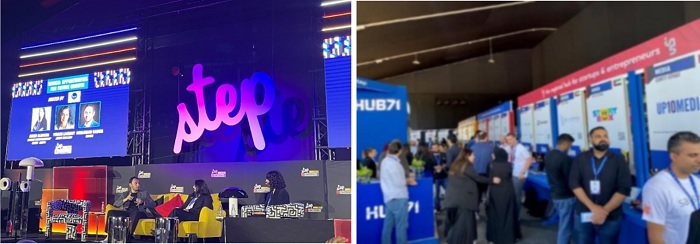 写真　屋内のステージとSUブース。各SUブースには分野とSUの成長段階（ステージ）が明記され、来場者フレンドリーな表示となっている（ジェトロ撮影）