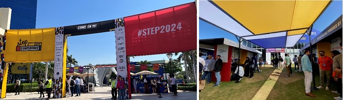 写真　Step Conferenceの会場入り口と屋外のSUブース（ジェトロ撮影）