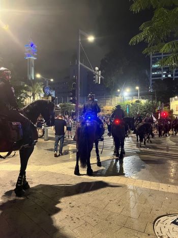 写真　集会参加者を公道から排除するイスラエル警察騎馬隊（ジェトロ撮影）
