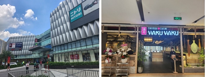 写真　商業施設の外観（左）、ちよだ鮨ワクワクの店舗前（右）（ともにジェトロ撮影）