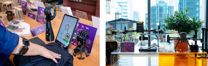 写真　イベント会場では各社の製品を展示。（左）Vulcan Augmeticsのロボット義手、（右）Realtime Roboticsのドローン（ともにジェトロ撮影）