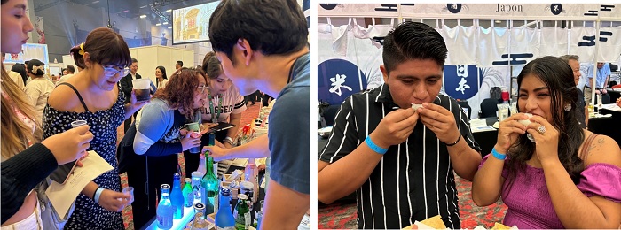 写真　（左）日本酒を試飲するメキシコ人来場者、（右）日本産米のおにぎりを試食するメキシコ人（ともにジェトロ撮影）