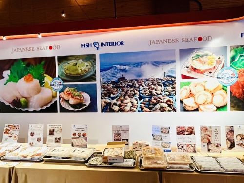 写真　会場に展示されたさまざまな形状の日本産ホタテ（ジェトロ撮影）