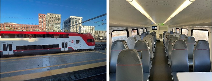 写真　（左）電化したカルトレインの新車両、（右）車内の様子（ともにジェトロ撮影）