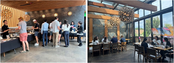 写真　試食ブース（左写真）と商談ブース（右写真）の様子。現地の日本食レストラン、イザカヤ・デン（Izakaya Den）の会場協力を得た（ジェトロ撮影）