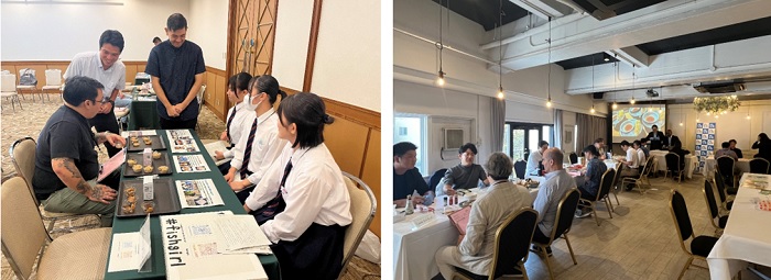 写真　試食商談会の様子。（左写真）宇和島会場での宇和島水産高校との商談、（右写真）松山会場での商談（ともにジェトロ撮影）