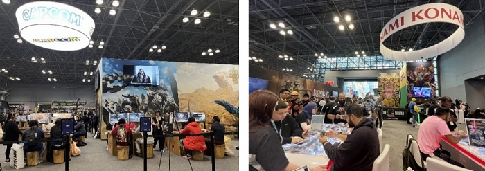 写真　（左）カプコンのオンラインゲームエリア、（右）コナミのカードゲーム体験エリア（ともにジェトロ撮影）