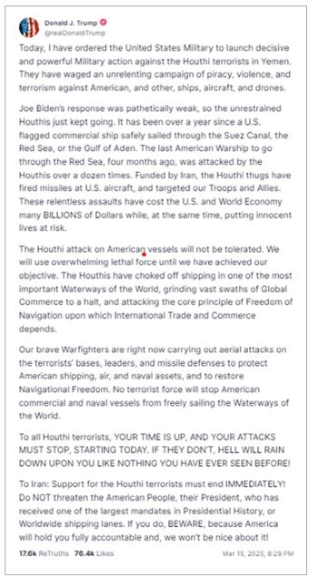 画像　フーシ派に対する軍事行動開始命令に関するトランプ大統領のトゥルース・ソーシャルでのコメント画面