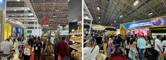 写真　（左）展示会場の様子、（右）ネットワーキングイベントや試食会でにぎわうブース（ともにジェトロ撮影）