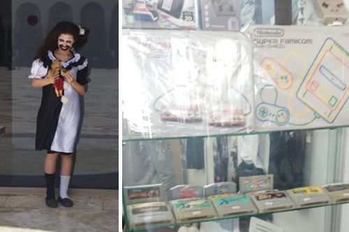 写真　（左）会場外で練習中のコスプレイヤー、（右）日本のファミコンなどを販売するレトロゲームブースの様子（ともにジェトロ撮影）