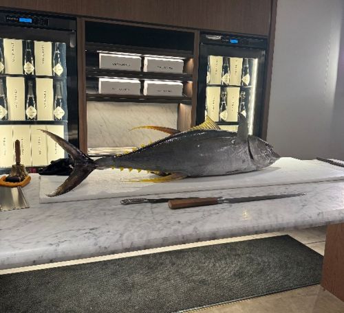 写真　解体ショー用に準備されたマグロと「SAKE HUNDRED」のディスプレー（ジェトロ撮影）
