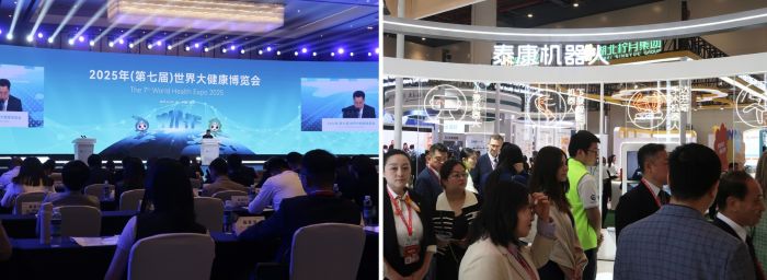 写真　（左）開会式、（右）展示会場の様子（ジェトロ撮影）