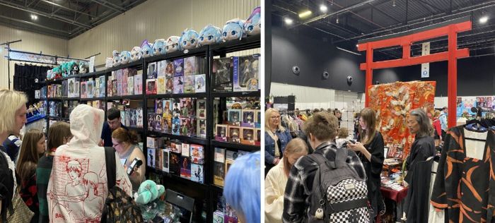 写真　（左）日本から輸入されたライセンス商品のフィギュアを扱う出展者、（右）和食器や着物を扱う出展者（ともにジェトロ撮影）