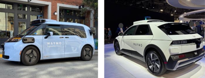 写真　（左）サンフランシスコ市内をテスト走行中のジーカー車両、（右）CESで展示された現代「IONIQ 5」車両（ともにジェトロ撮影）