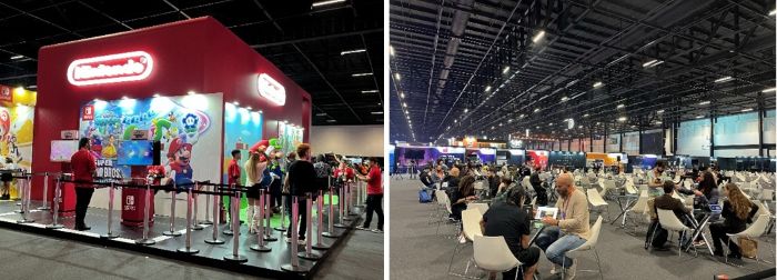 写真　（左）「マリオ」と「ルイージ」が登場した任天堂のブース、（右）多くのビジネスパーソンで盛り上がる商談（ともにジェトロ撮影）