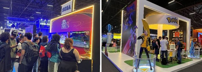 写真　（左）セガのブースで新作ゲームを楽しむ来場者、（右）人気を博した「ポケモンGO」のブース（ともにジェトロ撮影）