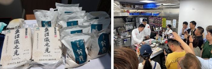写真　（左）イベントに出展された日本産米、（右）天ぷら商材を使った料理作りの説明と実演（ともにジェトロ撮影）