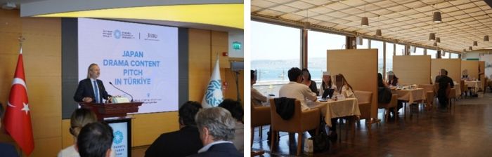 写真　（左）ITO役員のミュニル・ウストゥン氏による開会のあいさつ、（右）商談会（ともにジェトロ撮影）